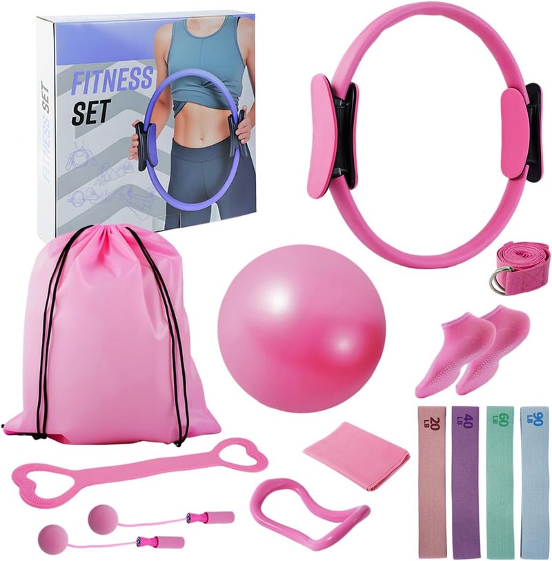 CoreHarmony Pilates Equipment Set for Women, 13-in-1 Home Pilates Workout Kit with 12.9" Ring, 9.8" Ball, 4 Fabric Resistance Loop Bands, Figure-8, Stretch Strap, Cordless Jump Rope, Yoga Socks & Carry Bagh - Image 1
